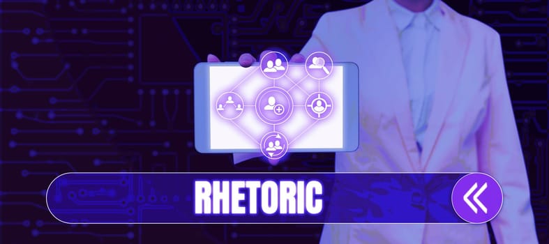 Conceptual display Rhetoric, Business idea study of writing or speaking as mean of communication or persuasion