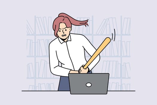 Furious female employee with bat breaking laptop overwhelmed with office job. Angry businesswoman crash computer at workplace. Burnout concept. Vector illustration.