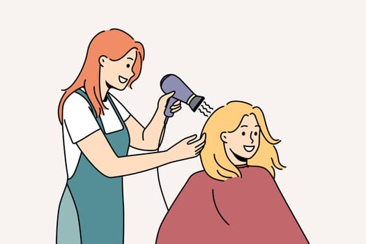 Smiling female client get hairstyle in saloon. Happy stylist dry hair of woman customer with blow dryer in salon. Beauty and care concept. Vector illustration.