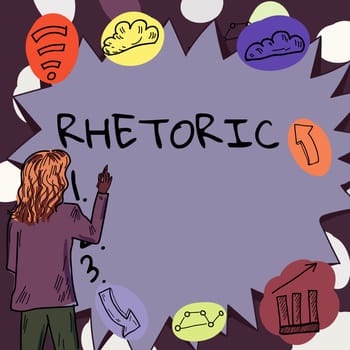 Text caption presenting Rhetoric, Word Written on study of writing or speaking as mean of communication or persuasion
