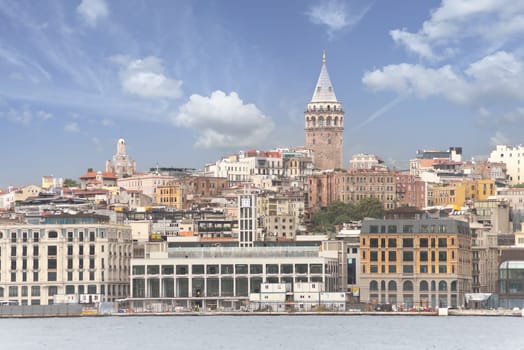 City view of Istanbul skyline, Turkey, from the Bosporous with Galata Tower in the far end