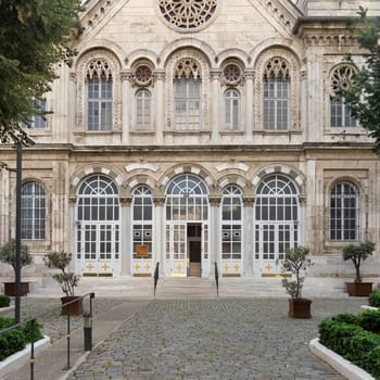 Facade of Aya Triada Rum Ortodoks Kilisesi, or Aya Triada Greek Orthodox Church, located in Beyoglu district, near Taksim Square, Istanbul, Turkey