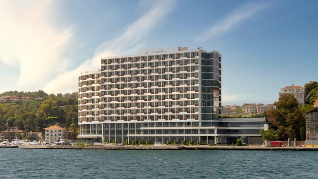 Exterior of modern architectural design building of Grand Tarabya five stars hotel, suited by Bosphorus Strait, at Sariyer district, in a summer day, Istanbul, Turkey