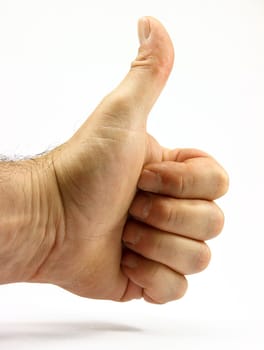Thumb up hand. Male hand showing ok yes gesture. Positive approval sign. Body part isolated on white. Empty copy space business success background. Everything is going to be alright.