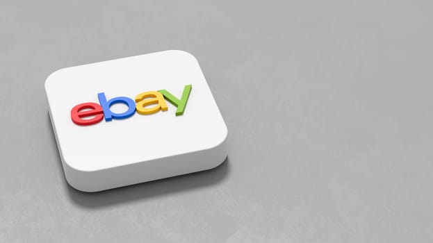Ebay App Icon 3D Symbol Shape on Plastered Gray Background with Copy Space 3D Illustration