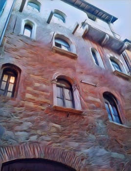 The facade of an old building in the city of Verona, Italy. An ancient building in the art style of surrealism. Tourist attractions of Italy.