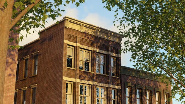 brick building luxury apartment house residential old architecture street view with trees 3D illustration