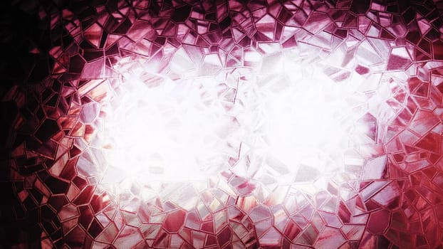 Embossed glass background. Corrugated glass pink monochrome. Refraction of light in a bumpy transparent surface under backlight. The play of highlights. Black red pink areas. Abstract background.