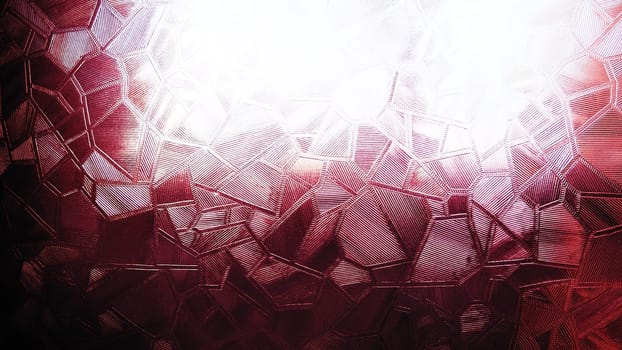 Embossed glass background. Corrugated glass pink monochrome. Refraction of light in a bumpy transparent surface under backlight. The play of highlights. Black red pink areas. Abstract background.