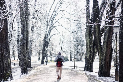 Rear view of sporty father carrying his infant son wearing winter jumpsuit and cap in backpack carrier walking in city park in winter.
