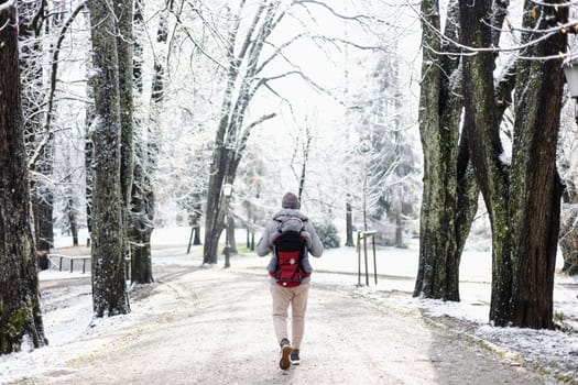 Rear view of sporty father carrying his infant son wearing winter jumpsuit and cap in backpack carrier walking in city park in winter.