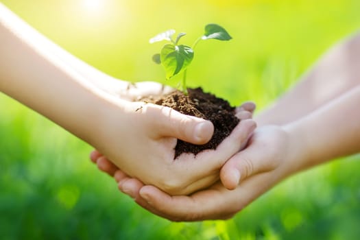 One child giving to another young sprout of a plant from hands to hands. Concept of a new life, saving planet and gardening.