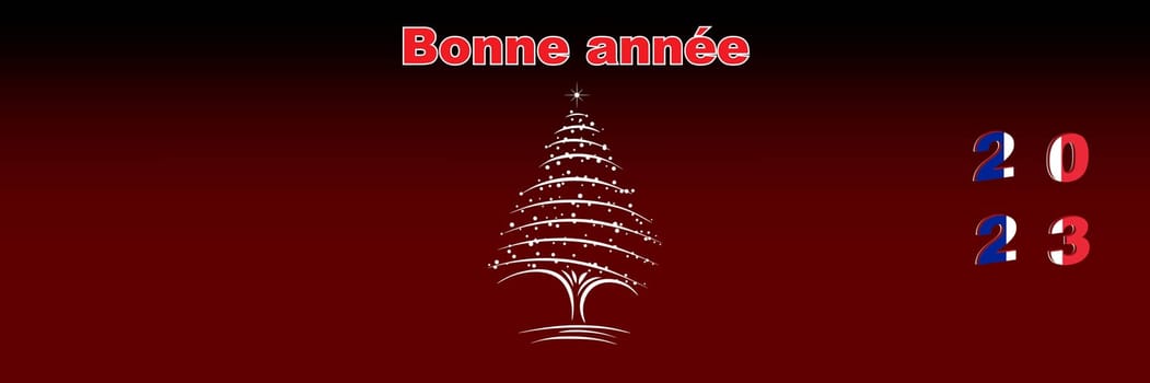 Merry Christmas and Happy New Year web page cover. France flag on the year 2023. Holiday design for greeting card, banner, celebration poster, party invitation. Vector illustration.
