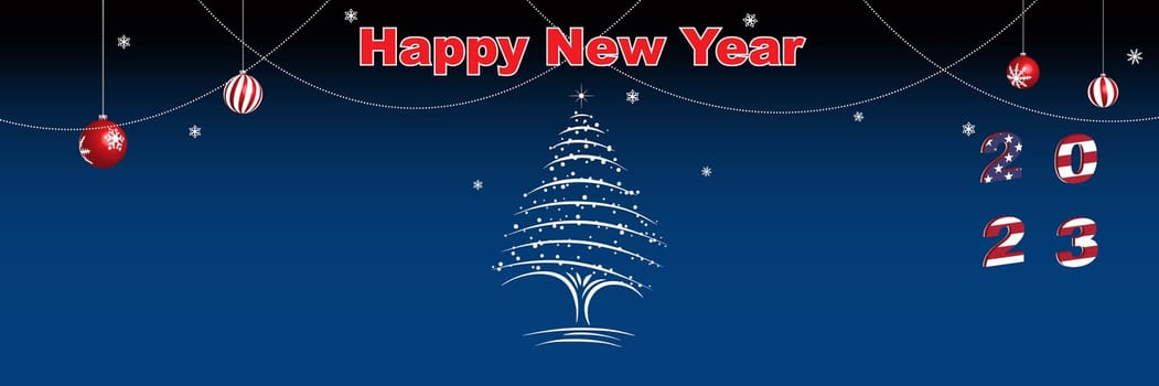 Merry Christmas and Happy New Year web page cover. United States of America flag on the year 2023. Holiday design for greeting card, banner, celebration poster, party invitation. Vector illustration.