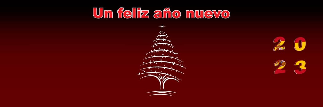 Merry Christmas and Happy New Year web page cover. Spain flag on the year 2023. Holiday design for greeting card, banner, celebration poster, party invitation. Vector illustration.