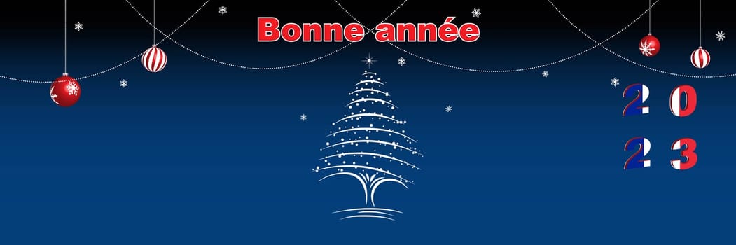 Merry Christmas and Happy New Year web page cover. France flag on the year 2023. Holiday design for greeting card, banner, celebration poster, party invitation. Vector illustration.