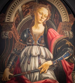 Florence, Italy - circa July 2021. Alessandro Botticelli - Fortitude, 1470. Renaissance Art in Uffizi Museum.