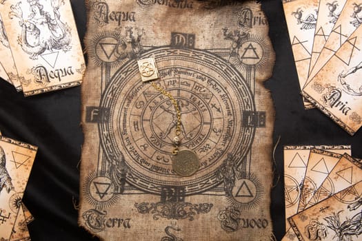 Ancient esoteric witchcraft background. Occultims and paganism old symbol, with mysterious runes and alphabet.