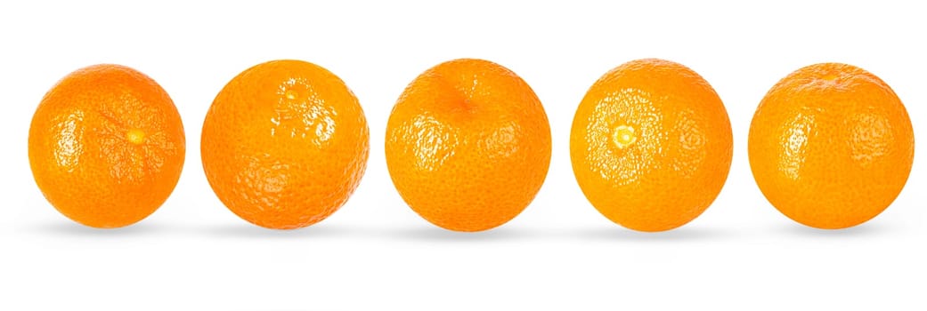 Isolated fruit set. 5 tangerine fruits isolated, top view on white background.
