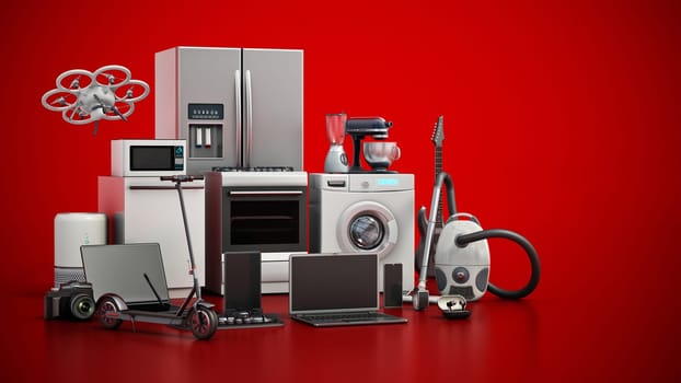 Group of home appliances and consumer electronics standing on red background. 3D illustration.