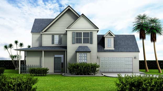 Luxurious big house with a large garden. 3D illustration.