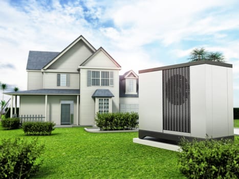 Heat pump in luxurious big house with a large garden. 3D illustration.