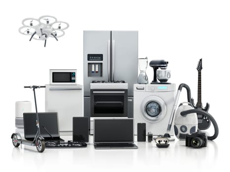 Group of home appliances and consumer electronics isolated on white background. 3D illustration.