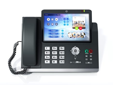 Modern VoIP or Voice over IP phone with LED screen isolated on white background. 3D illustration.