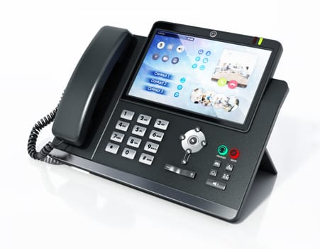 Modern VoIP or Voice over IP phone with LED screen isolated on white background. 3D illustration.
