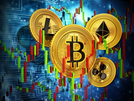 Cryptopcurrency Prices Falling concept, Digital cryptocurrencies on technology background. 3D illustration.