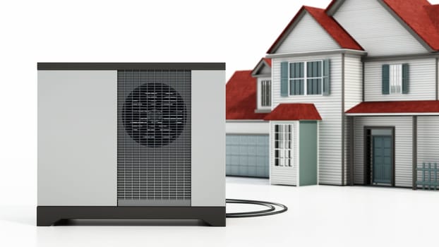 Heat pump and house isolated on white background. 3D illustration.