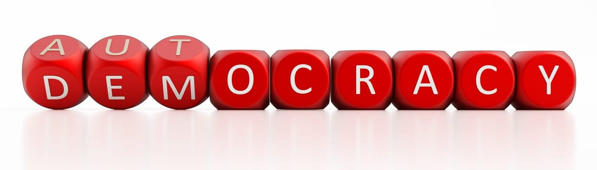 Democracy or autocracy concept. The text in dices turn from democracy to autocracy. 3D illustration.
