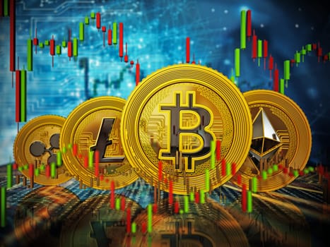 Cryptopcurrency Prices Falling concept, Digital cryptocurrencies on technology background. 3D illustration.
