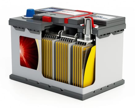 3D illlustration of a generic car battery showing a portion of the battery interior structure.