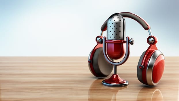 Vintage microphone and headphones on reflective wooden surface. 3D illustration.