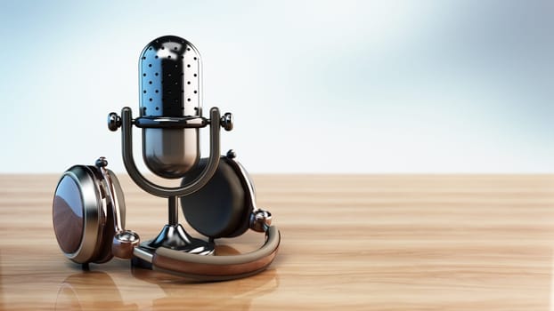 Vintage microphone and headphones on reflective wooden surface. 3D illustration.