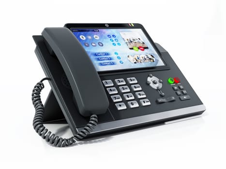 Modern VoIP or Voice over IP phone with LED screen isolated on white background. 3D illustration.