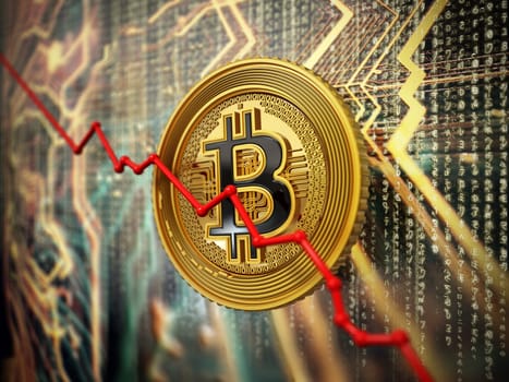 Bitcoin Price Falling concept, Bitcoin digital cryptocurrency on technology background. 3D illustration.