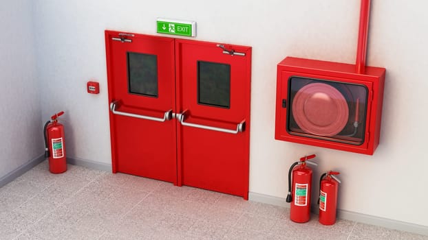 Fire exit door, exit sign, emergency fire button, extinguishers and fire cabinet. 3D illustration.