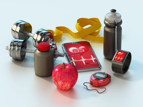 Sports and fitness equipment with soft shadows. 3D illustration.
