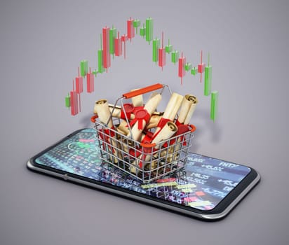 Online stock trading concept. Stocks inside shopping basket on smartphone. 3D illustration.
