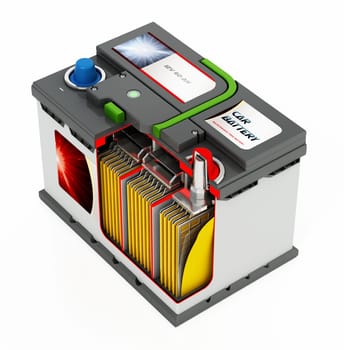 3D illlustration of a generic car battery showing a portion of the battery interior structure.