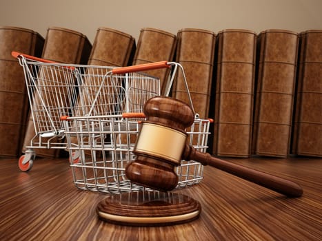 Gavel, shopping cart and basket. Consumer rights concept.3D illustration.
