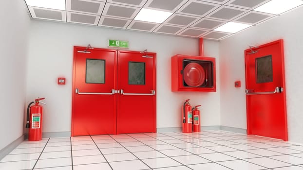 Fire exit door, exit sign, emergency fire button, extinguishers and fire cabinet. 3D illustration.