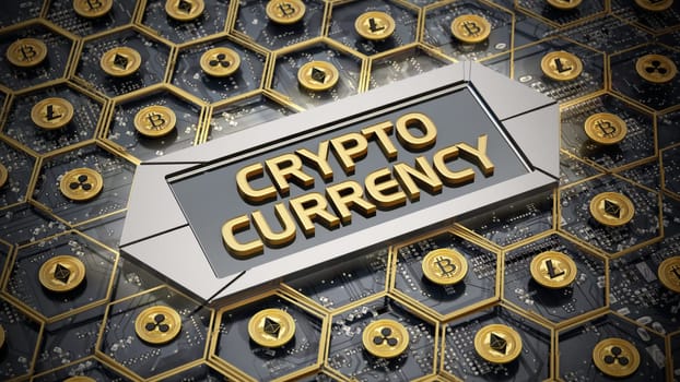 Cryptocurrency concept with Blockchain text. 3D illustration.