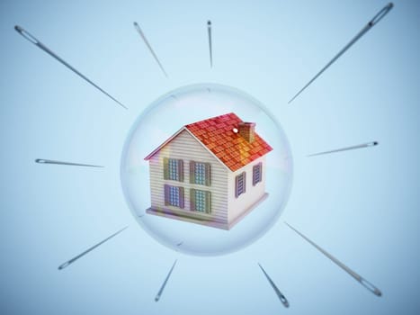 Needles surrounding house inside a floating bubble. Real estate bubble and high risk concept. 3D illustration.