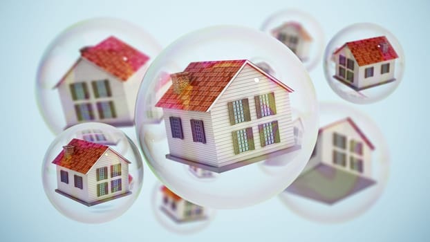 Houses inside floating bubbles. Real estate bubble concept. 3D illustration.