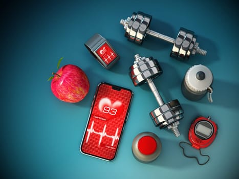 Sports and fitness equipment on yellow background. Copy space on the right. 3D illustration.