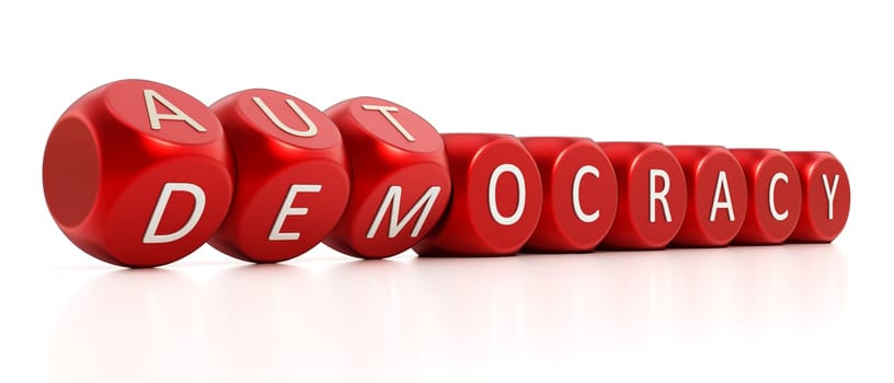 Democracy or autocracy concept. The text in dices turn from democracy to autocracy. 3D illustration.