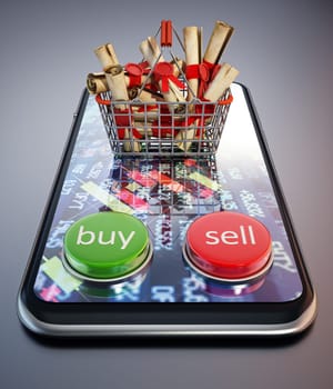 Online stock trading concept. Stocks inside shopping basket, buy and sell buttons on smartphone. 3D illustration.